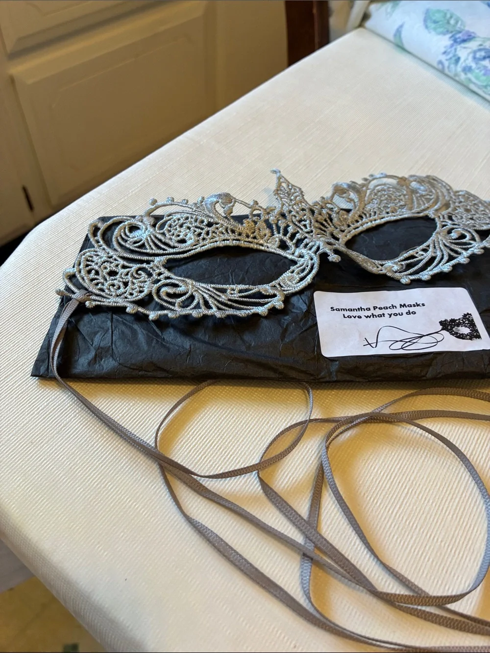 Samantha Peach Silver Lace Venetian Masquerade Mask with Ribbon Tie